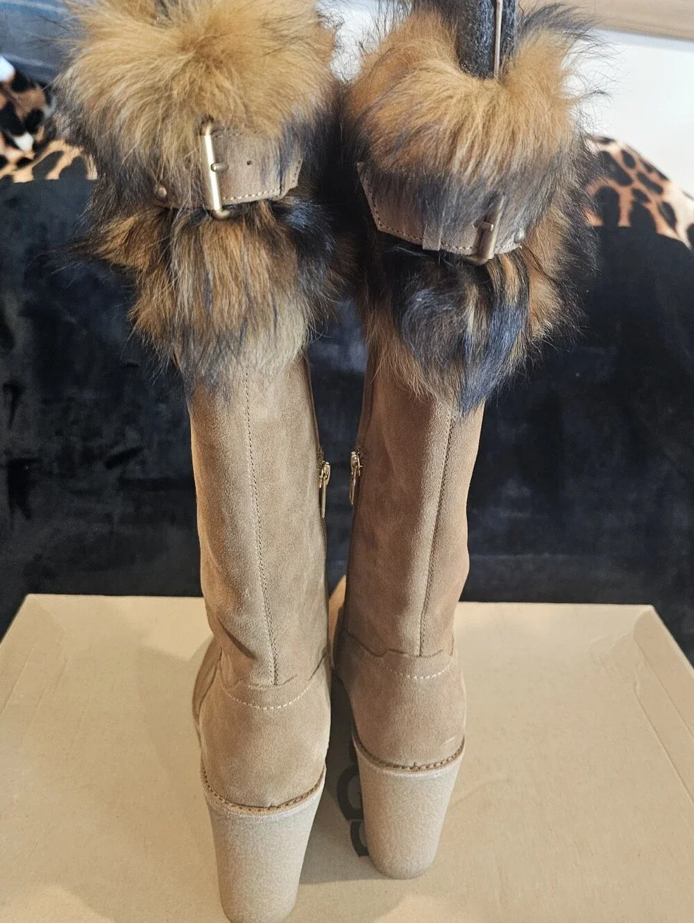 UGG Tan Faux-Fur Wedge Suede Boots - Size 8